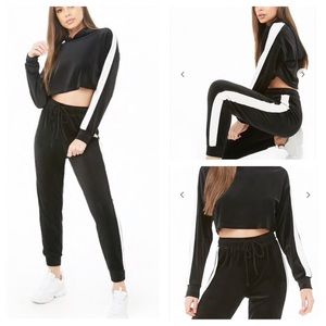 Forever21 Velvet Striped-Trim Crop Hoodie & Jogger